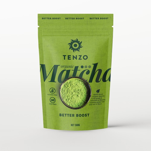 Pouch design with the title 'Design suggestion for Organic Matcha'