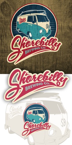 Bus design with the title 'Retro / Groovy / Beachy style logo for brewing company!'