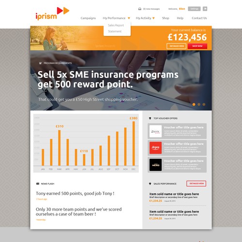 Orange website with the title 'Insurance Programs reward website'