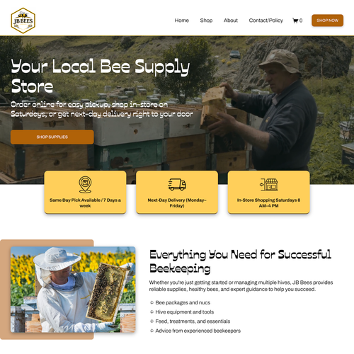 Ecommerce design with the title 'Local Bee Supply Store Ecommerce'