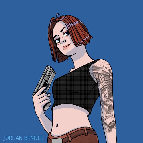 Cryptocurrency artwork with the title 'Tatted Girl w/ Gun NFT'
