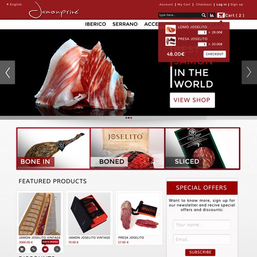 Spanish design with the title 'New website design for jamonprive: Structure already set in the specs.'