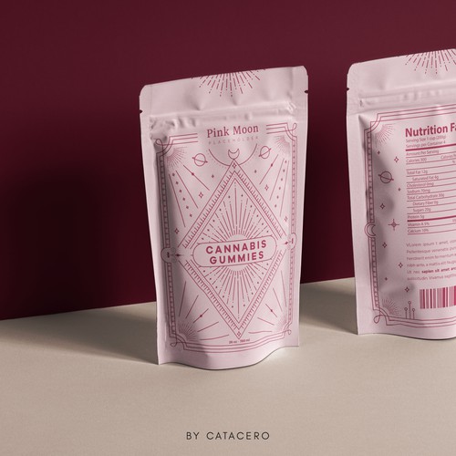Pink packaging with the title 'Cannabis Gummies'