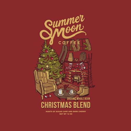 Packaging illustration with the title 'Rustic Ski Home Christmas Scene for Coffee Roaster'