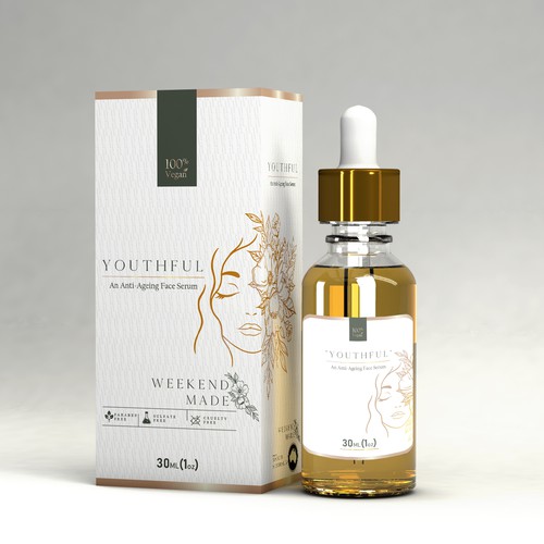 Glass bottle design with the title 'Product label & box for a youthful - an anti-ageing face serum'