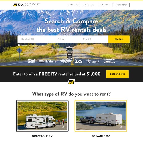 Travel website with the title 'Homepage Design for a Popular RV Rentals Website'