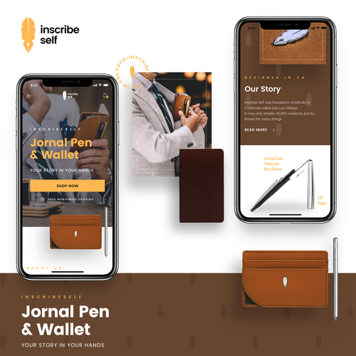 Journal design with the title 'A Journal Pen and Wallet Product Website - Mobile'