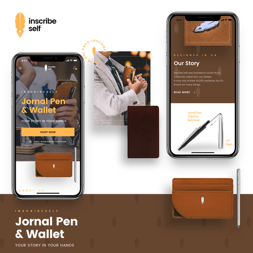 Leather design with the title 'A Journal Pen and Wallet Product Website - Mobile'