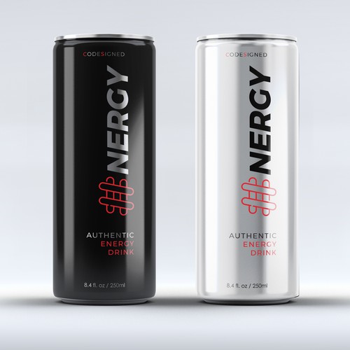 Black and white label with the title 'Energy drink design concept'