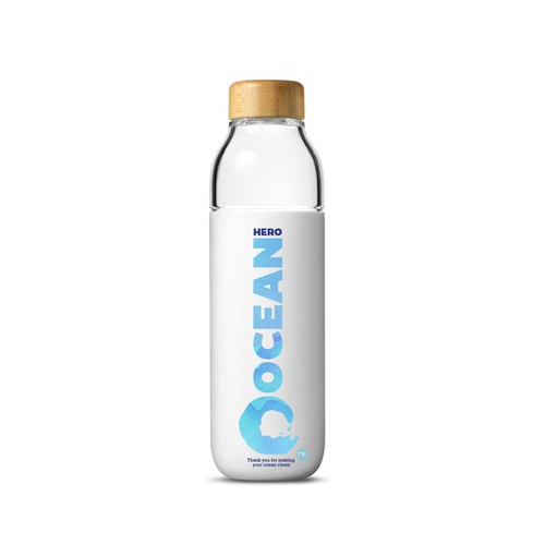 Water packaging with the title 'Creative glass bottle design to reduce plastic bottle usage'