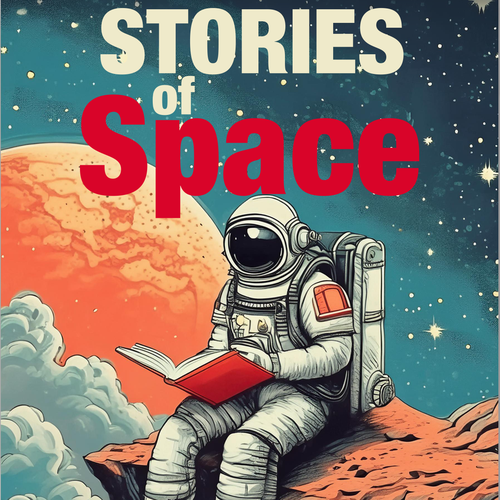 Space book cover with the title 'Vintage Illustration for Storieds of Space Book Cover Design'