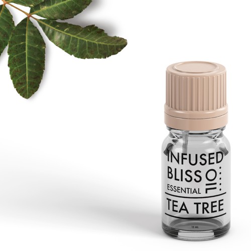 Bottle packaging with the title 'Infused Bliss - Essential oil minimal bottle design'