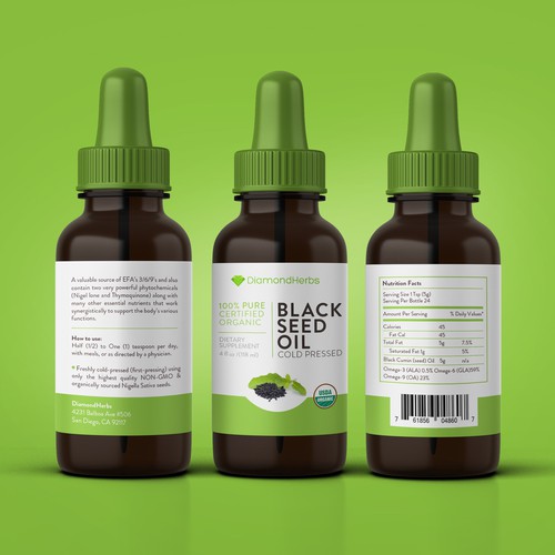 Organic food label with the title 'Black Seed Oil Dropper'