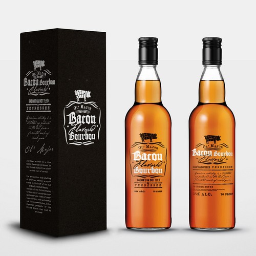 Bottle packaging with the title 'Bacon Flavored Bourbon '