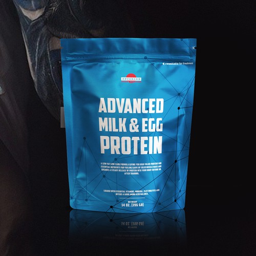 Sport packaging with the title 'ADVANCED Milk & Egg Protein'