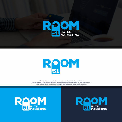 Room design with the title 'Room 51 - Design a clear and elegant logo for a marketing agency for boutique hotels.'