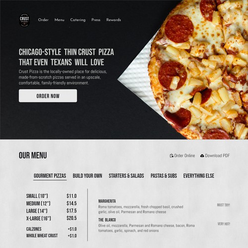 Pizza website with the title 'Crust Pizza Landing Page'