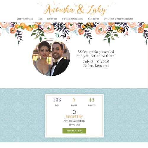 Arabic design with the title 'Cool, Fresh, Mediterranean Wedding Website'