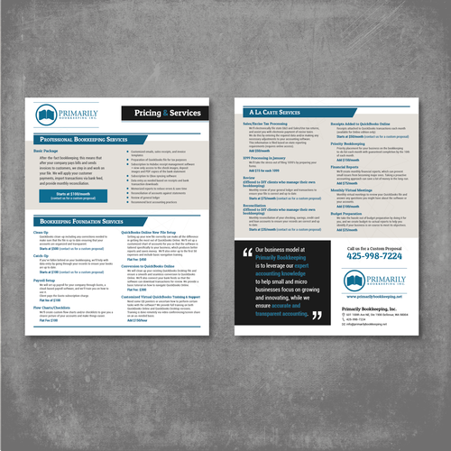 Pricing design with the title 'Bookkeeping menu of services'