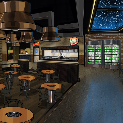 Interior design illustration with the title 'concept for the interior of a restaurant'