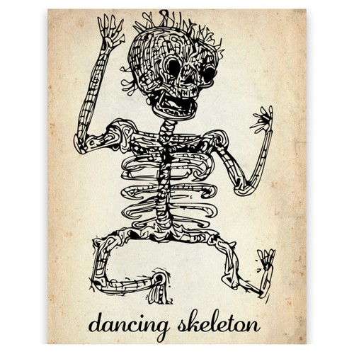 Skull illustration with the title 'Dancing Skeleton Illustration Card'