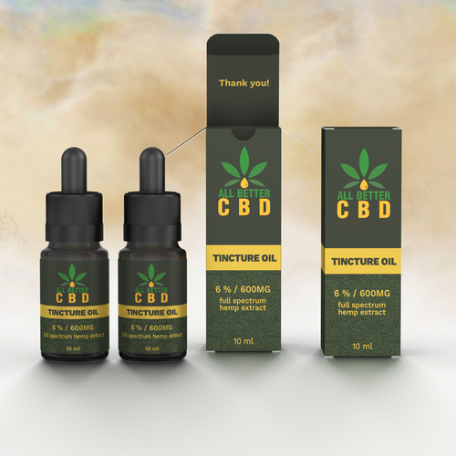 Yellow packaging with the title 'CBD oil, all better, simple with a eye catching touch'