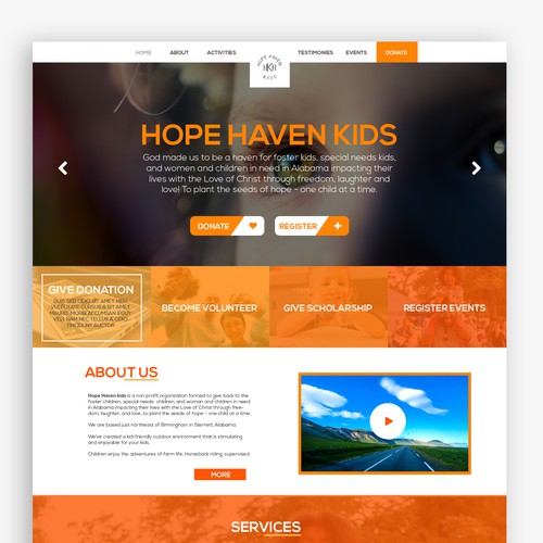 Orange website with the title 'Webpage design for Hope Haven Kids.'