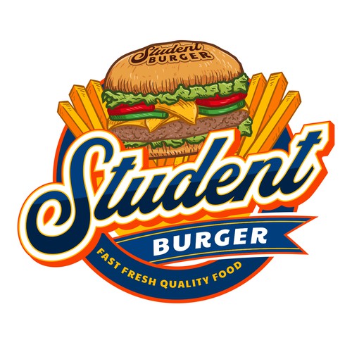 Blue and orange logo with the title 'Student Burger'