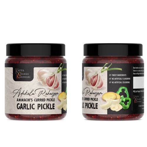 Pickle design with the title 'Garlic pickle label'