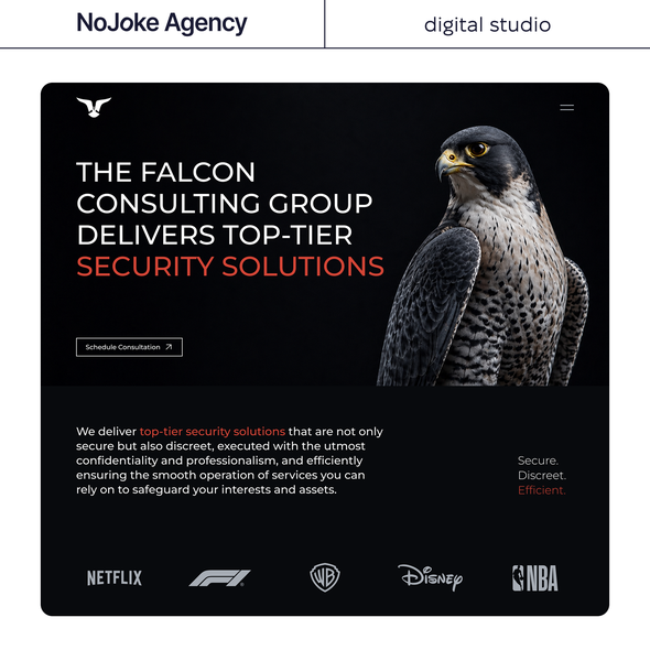 Security design with the title 'The Falcon Consulting Group — Website Redesign | NoJoke Agency'