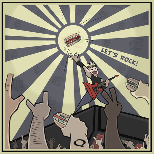 Rock band illustration with the title 'Quiznos music concert'