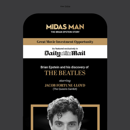 Newsletter design with the title 'Powerful email for financing a Beatles film'