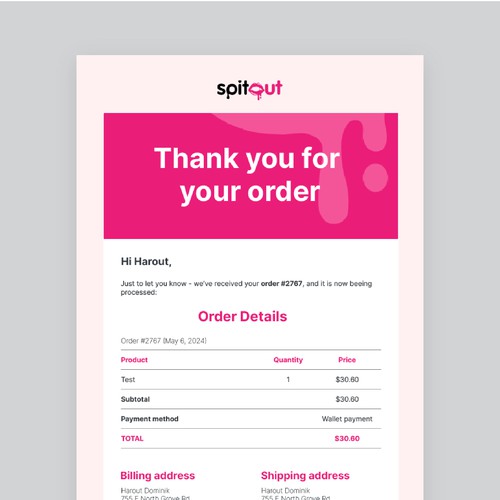 Business design with the title 'SpitOut Order Email Template'