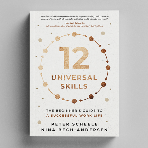 Aesthetic book cover with the title '12 Universal Skills Book Cover Design Concept'