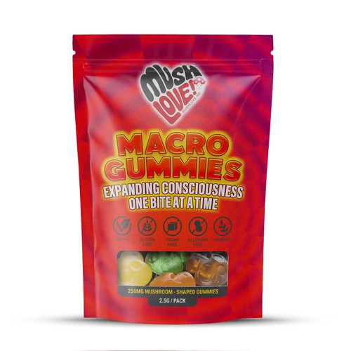 Gummy packaging with the title 'Mush Love Macro Gummies'