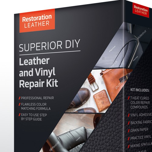 Leather design with the title 'Leather and Vinyl Repair Kit - Box design'