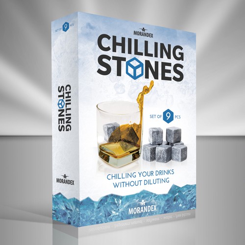 Whiskey packaging with the title 'Who can create cold wintery icey illustation for a gift set of 9 chilling rocks for Amazon.com'
