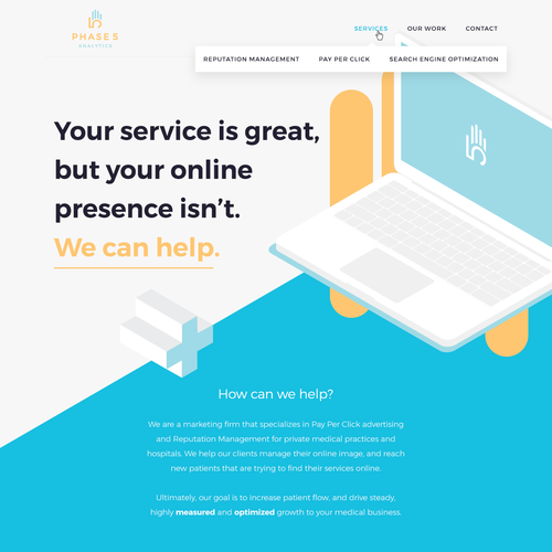 Isometric website with the title 'Bold, isometric, vector based look and feel for an analytics company.'