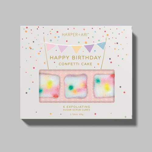 Sweets packaging with the title 'BIRTHDAY themed gift set box for bath scrubs!'