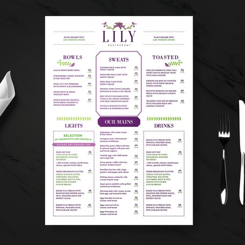 Breakfast design with the title 'Lily Restaurant Menu'