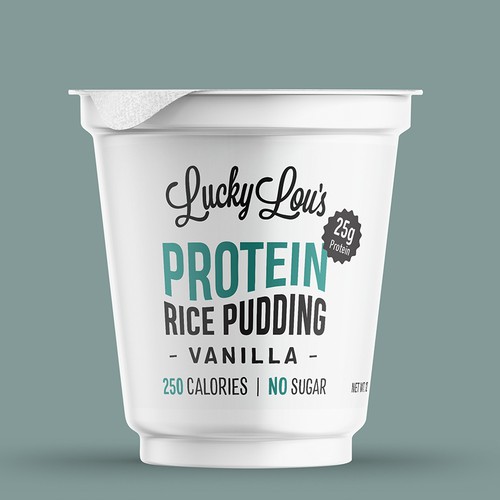 Protein label with the title 'Packaging label design for a rice pudding'
