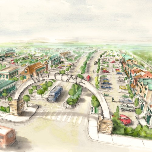 3D illustration with the title 'Winery Aerial Sketch View'