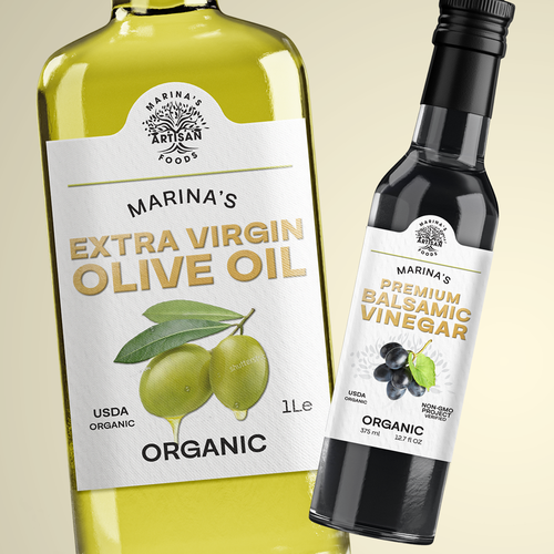 Olive oil label with the title 'Label Bottle for Marina's Artisan Foods'