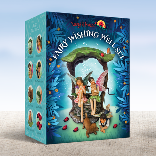 Box packaging with the title 'Fairy Wishing Well packaging design. Box design with custom hand drawn illustration.'