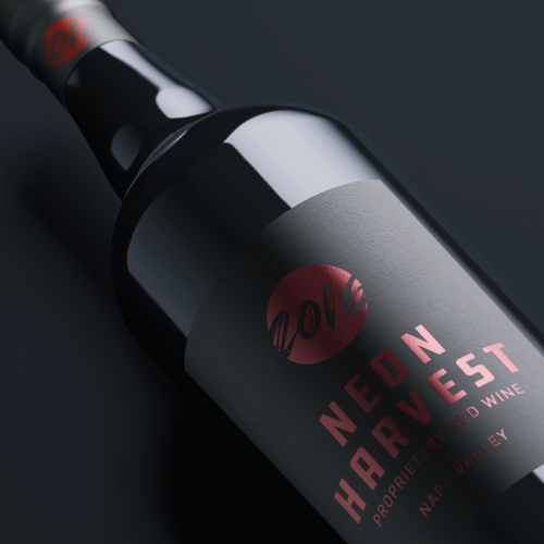 Red wine label with the title 'Neon Harvest 2016 Proprietary Red Wine Label Design'