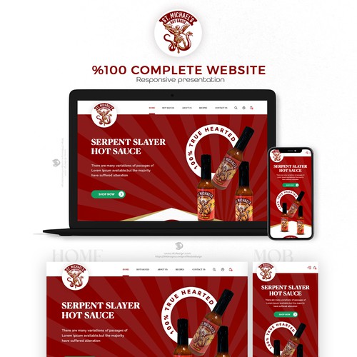 White background design with the title 'St. Michael's Hot Sauce Website'