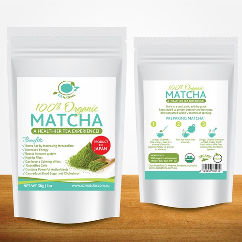 Green label with the title 'General product label for a matcha powder brand in Australia'