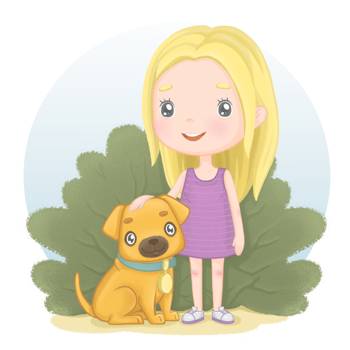 Puppy artwork with the title 'Illustration for illustrated story about Illustration about a girl and her true friend'