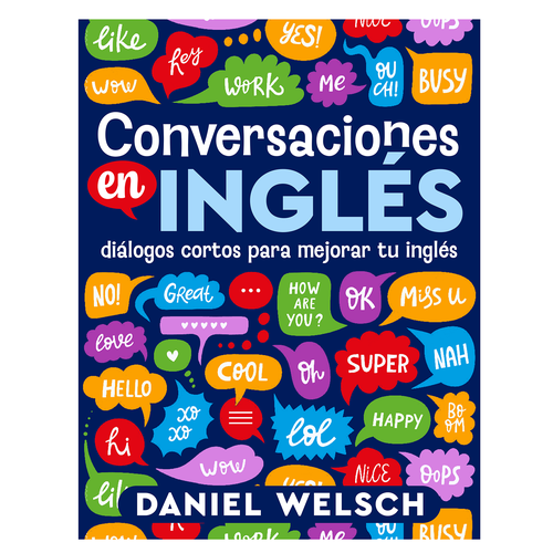 English design with the title 'Conversaciones en inglés: diálogos cortos para mejorar tu inglés'