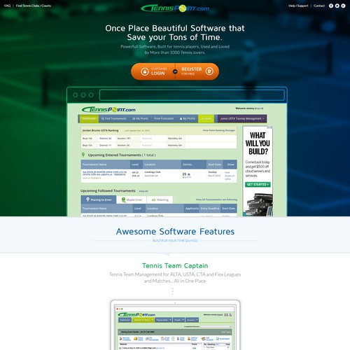 SaaS website with the title 'Web Page design for a Sport Tennis company'